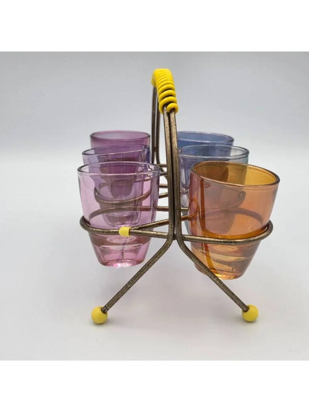 1950s Harlequin Shot Glass Set with Wire Holder Vintage MCM Barware